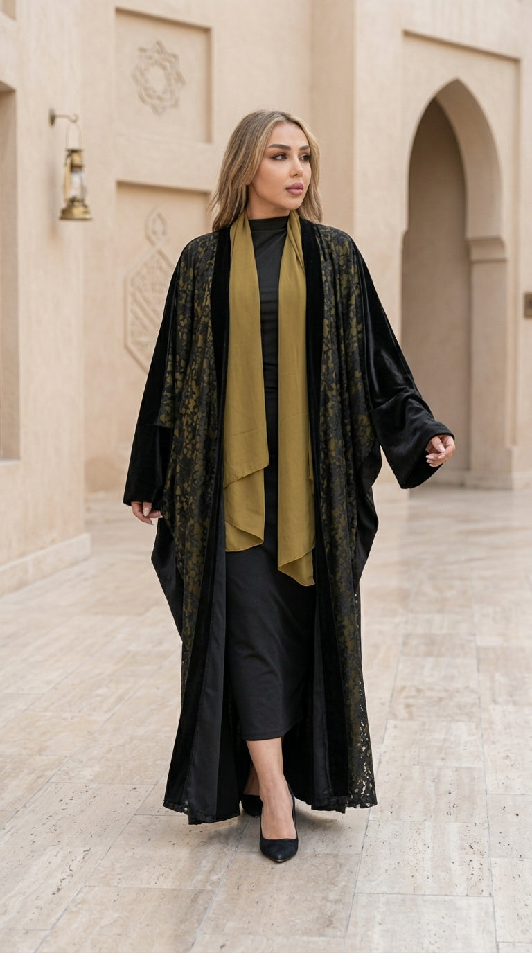 Black Open Abaya with Gold Pattern Details