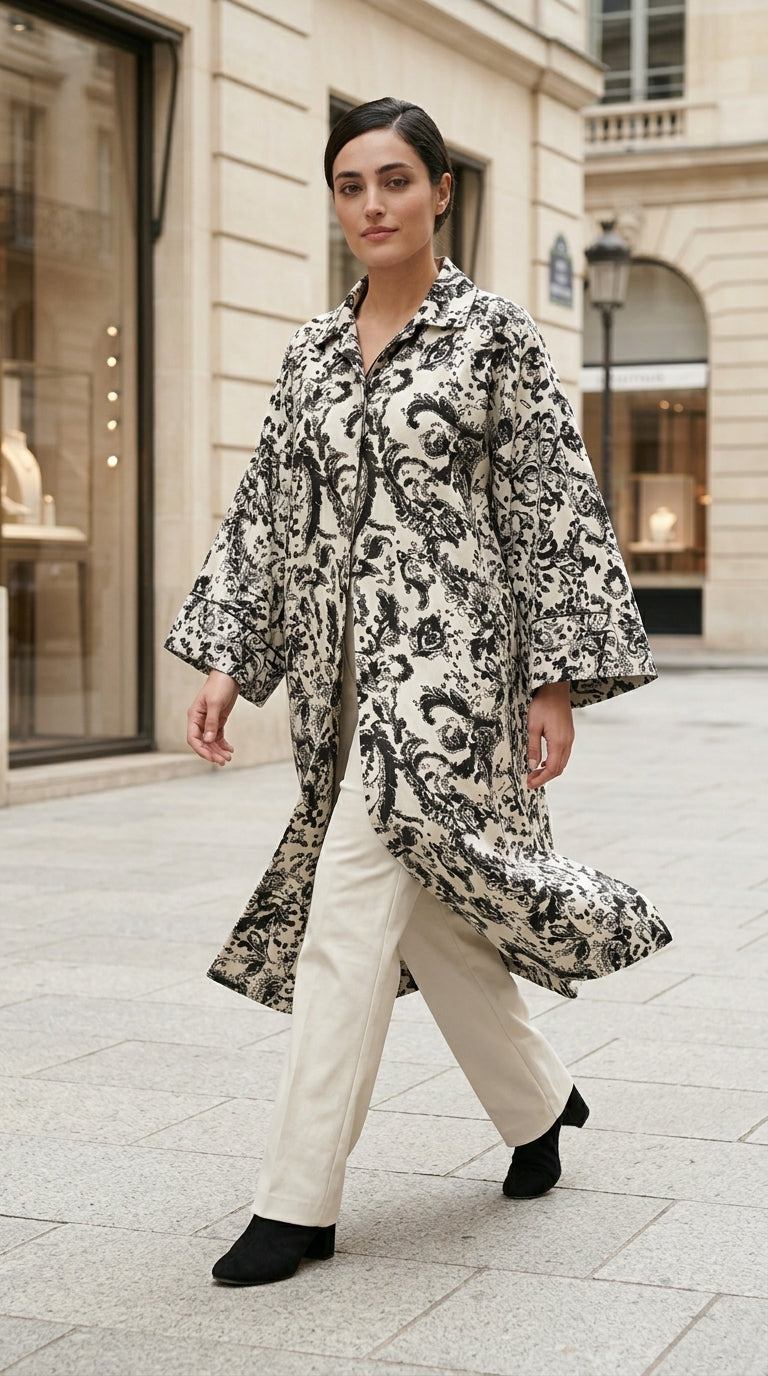 Woman wearing a patterned coat and white pants on a city street.