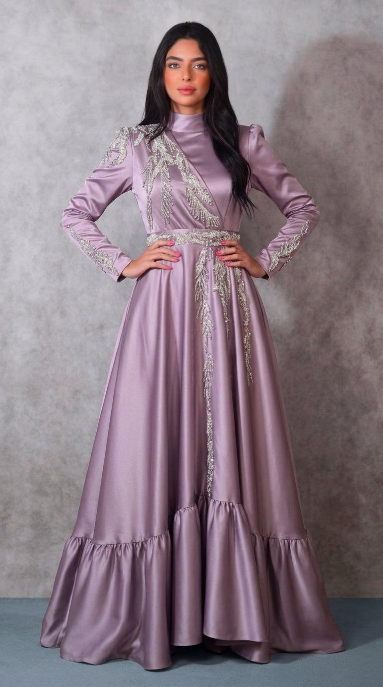 Mauve Satin A-Line Gown with Silver Beaded Cascade and Ruffled Hem