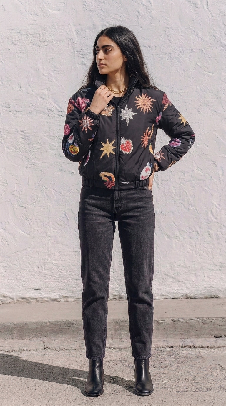 Mystical Icon Graphic Bomber black Jacket
