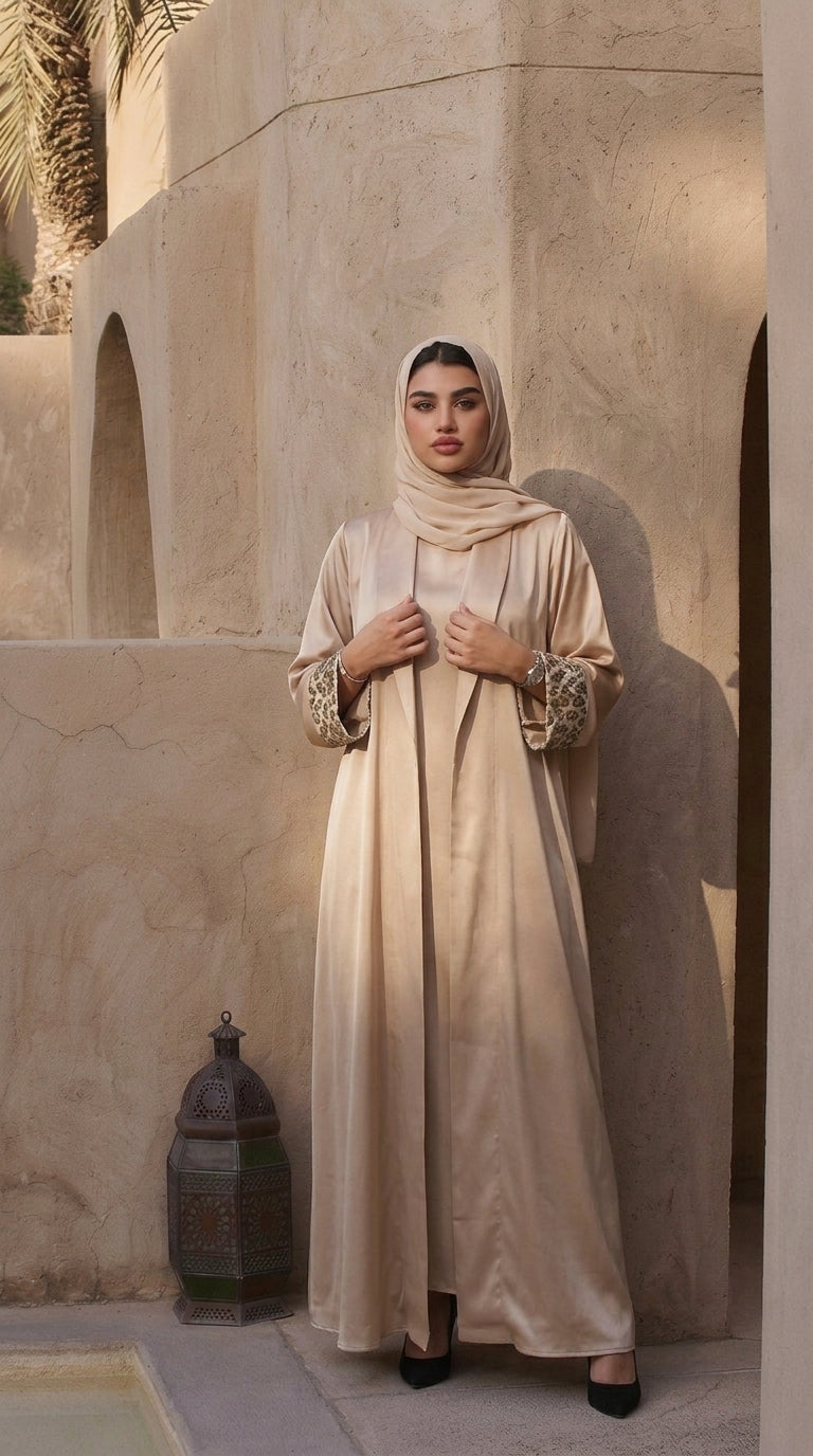 Beige Open Abaya with Leopard Print Details