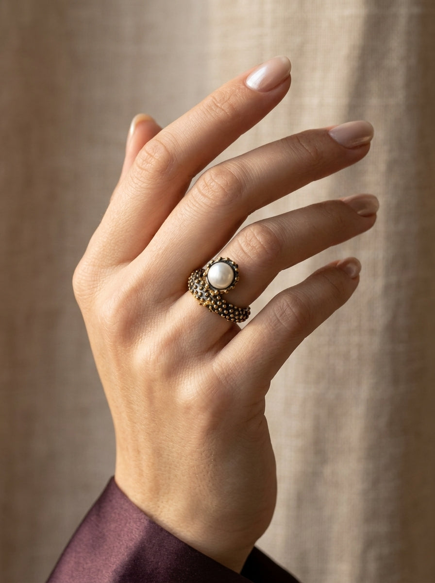 Elegant Pearl Caviar Statement Ring