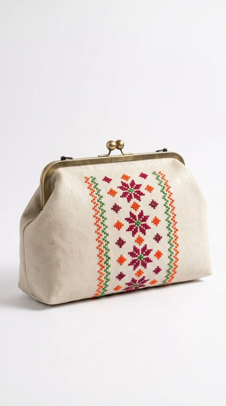 Ivory Kiss-Lock Clutch with Floral Cross-Stitch