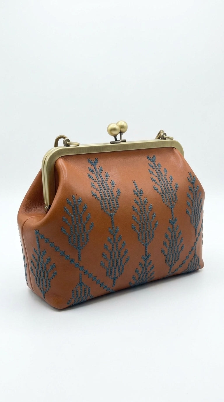 Cognac Kiss-Lock Bag with Blue Palm Embroidery