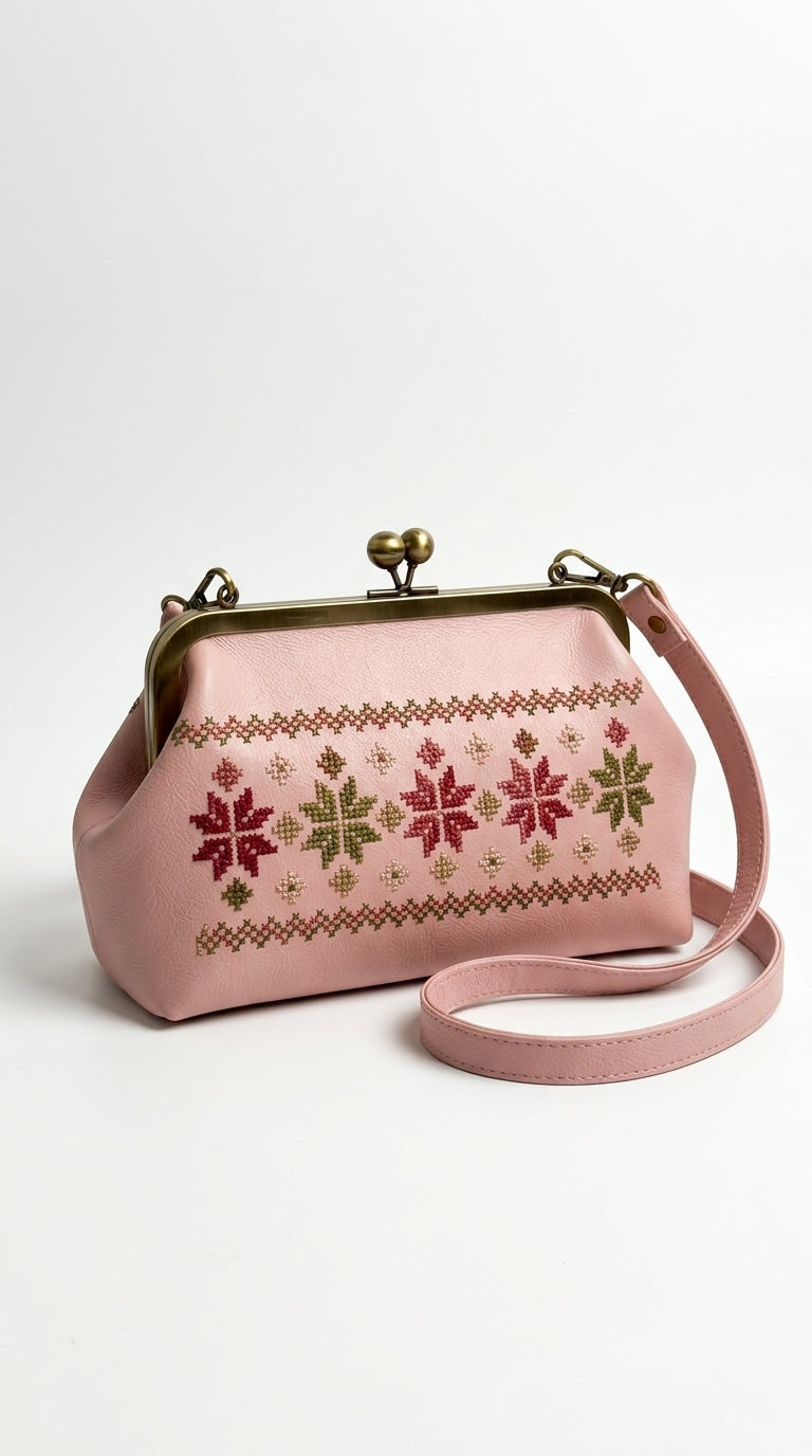 Blush Pink Kiss-Lock Bag with Floral Cross-Stitch