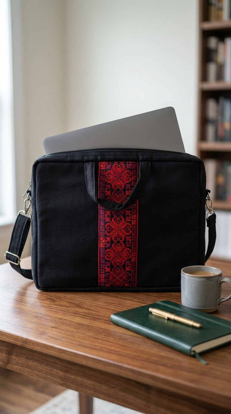 Embroidered Tatreez Laptop Bag - Black