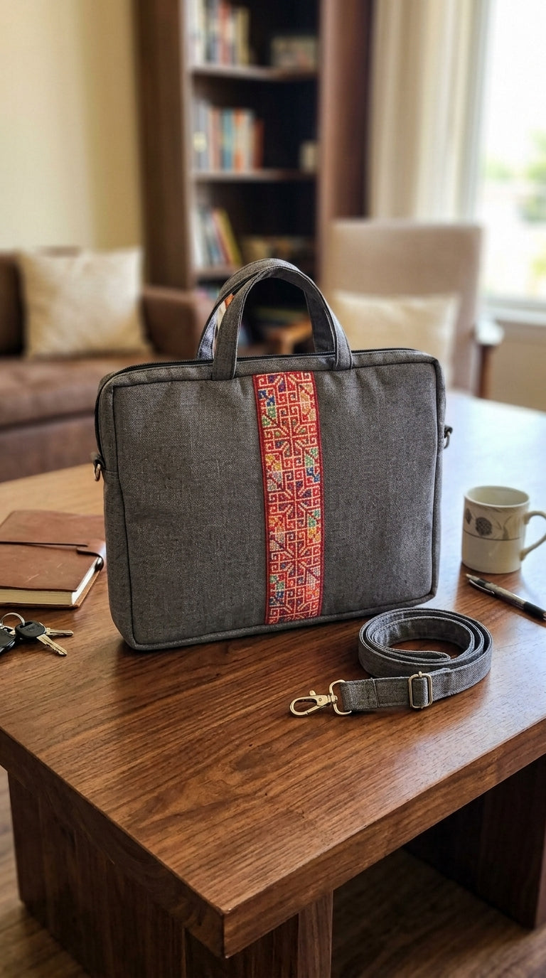 Yara Design Embroidered Tatreez Laptop Bag - Charcoal Grey