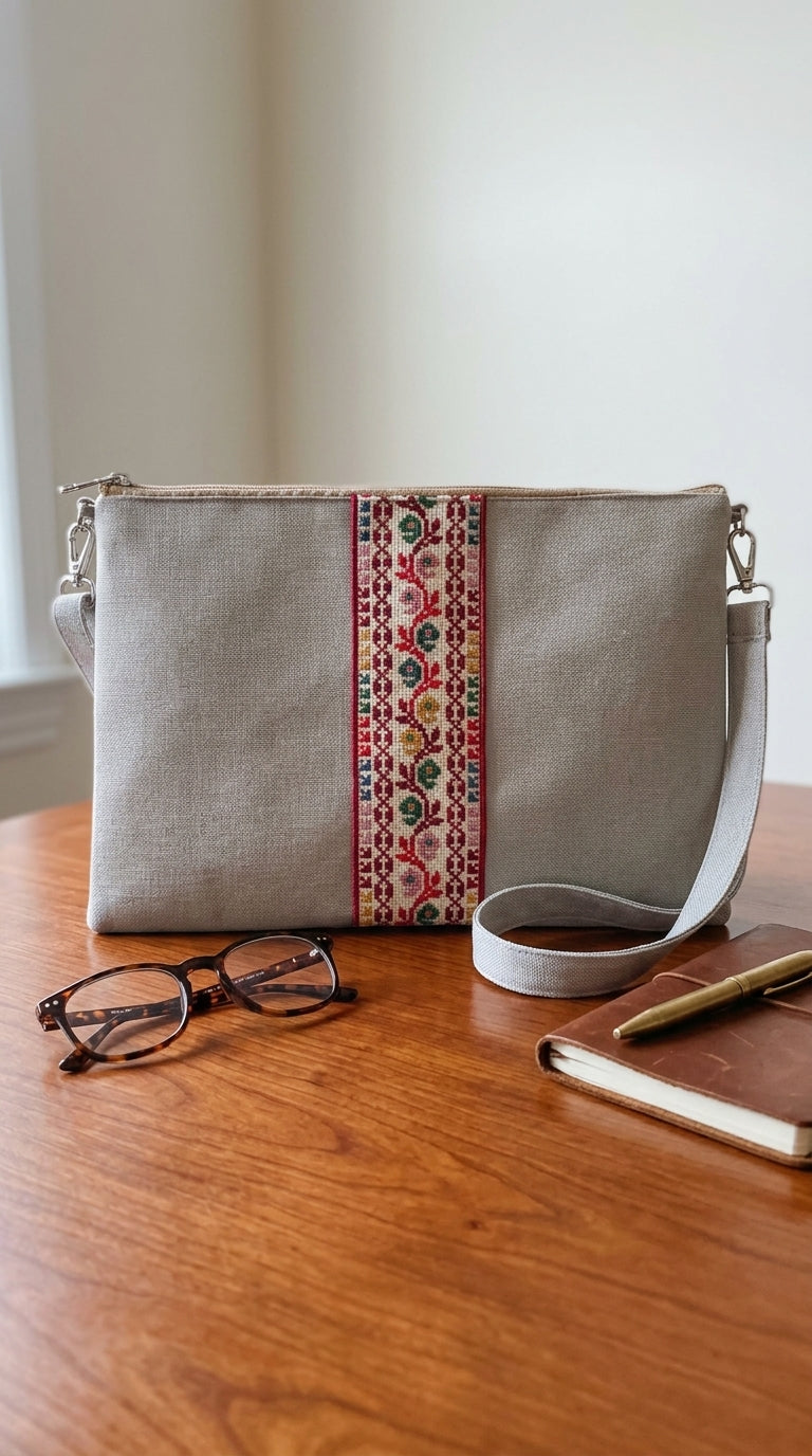 Yara Design Embroidered Tatreez Laptop Crossbody Bag - Oatmeal Grey