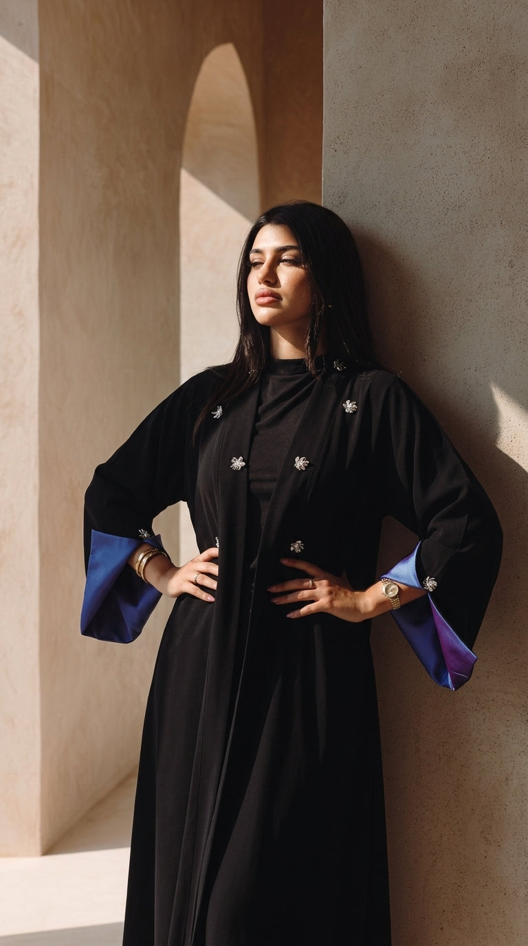 The Black & Cobalt Floral Abaya