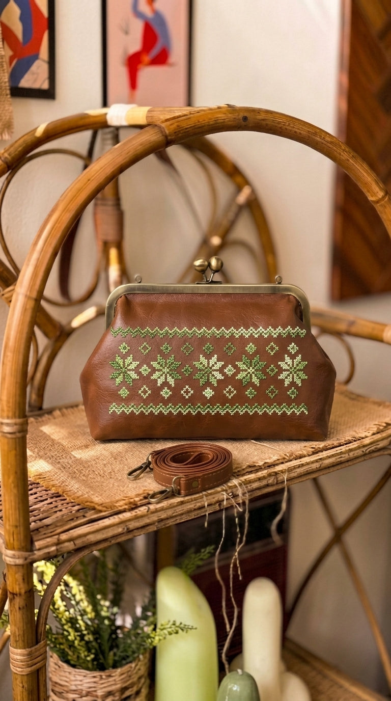 Folk-Art Tan Leather Embroidered Kiss-Lock Bag