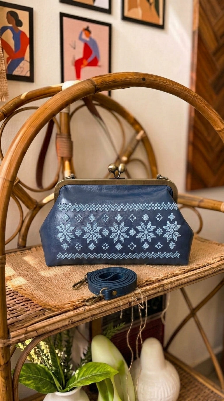 Folk-Art Cream Leather Embroidered Kiss-Lock Bag.