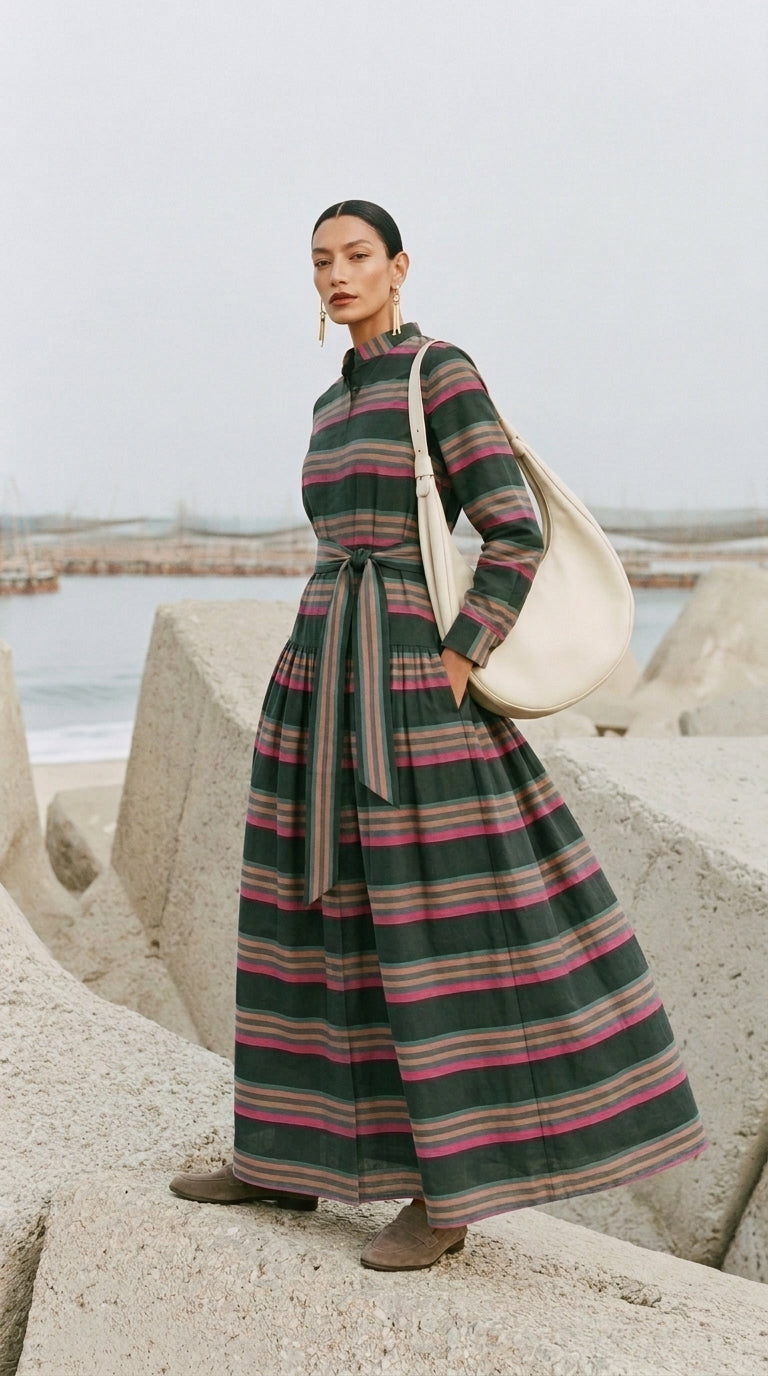 Midnight Forest Striped Maxi Shirtdress
