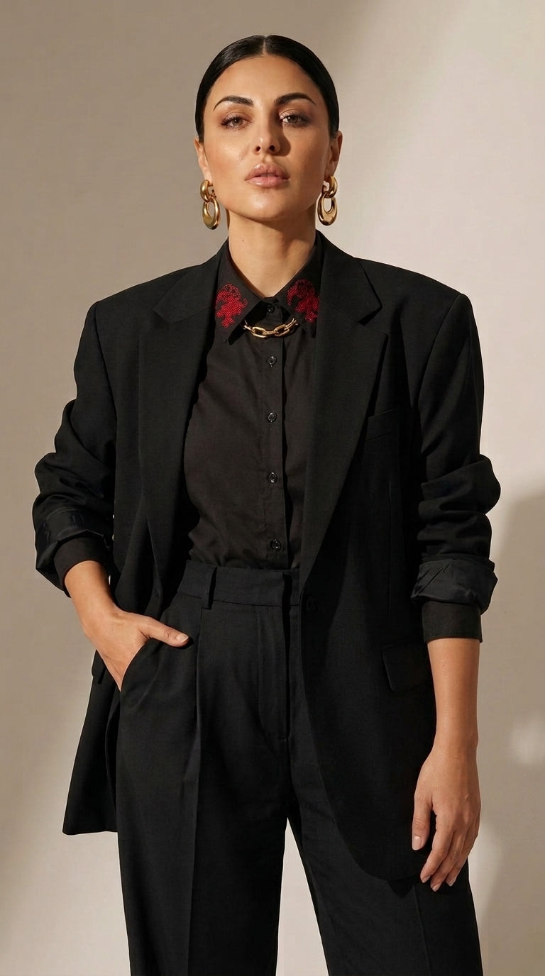 Black Embroidered Collar Shirt