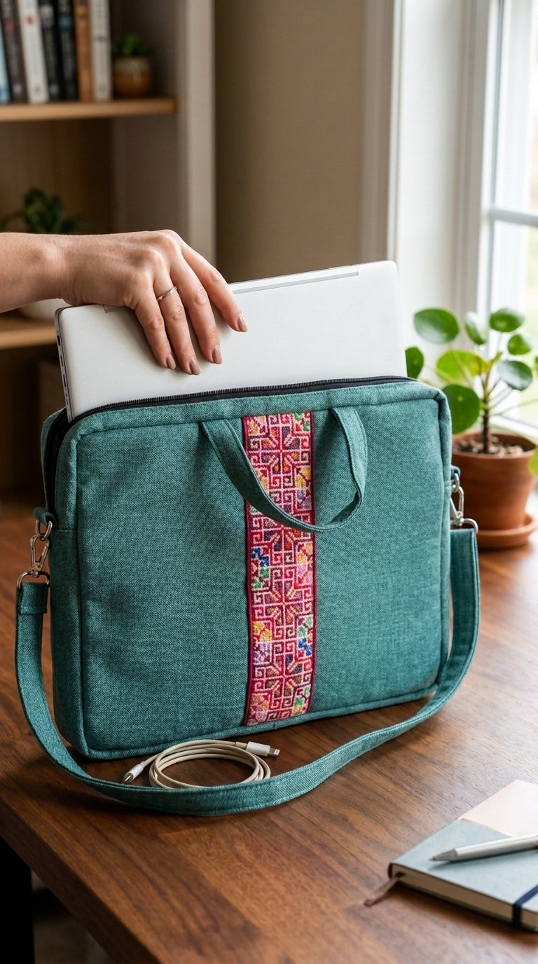 Embroidered Tatreez Laptop Bag - Teal Green