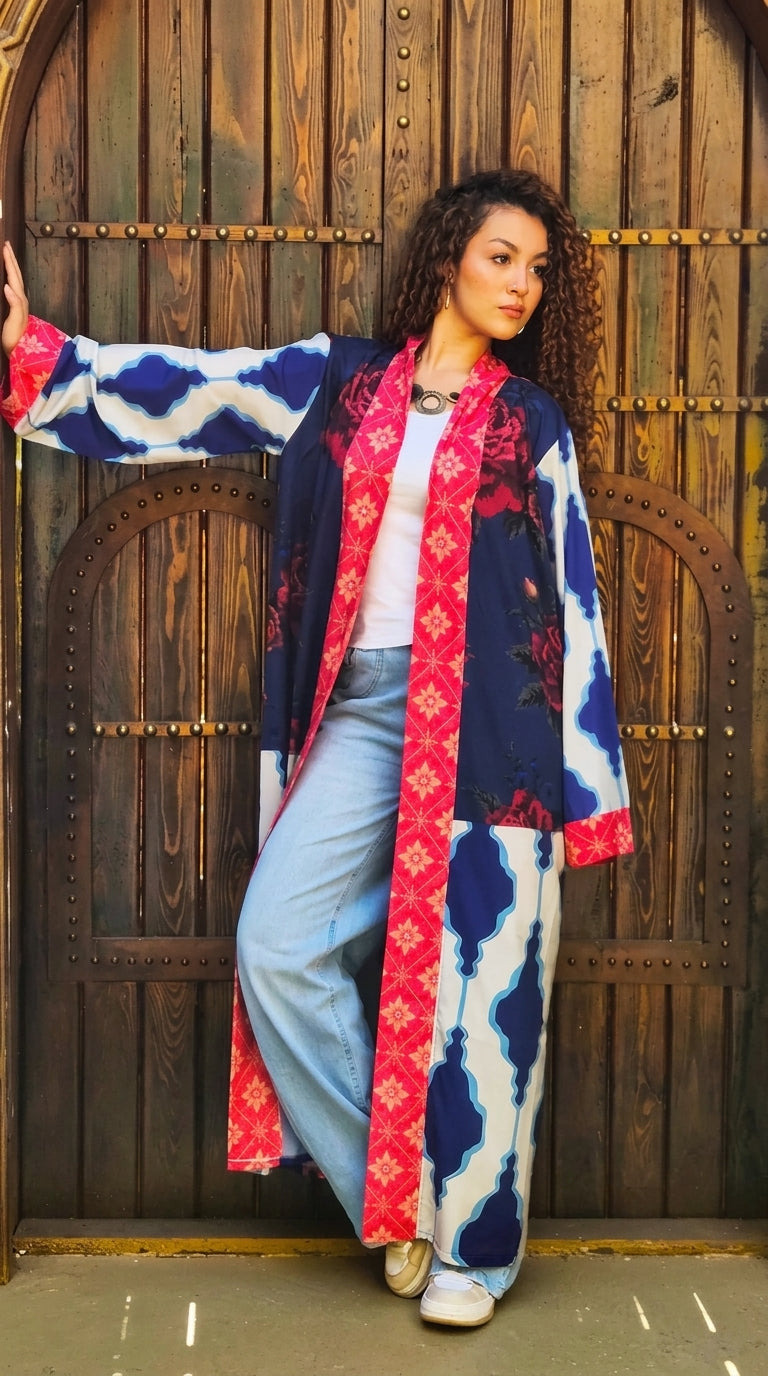 Long Boho Kimono - Blue & Red