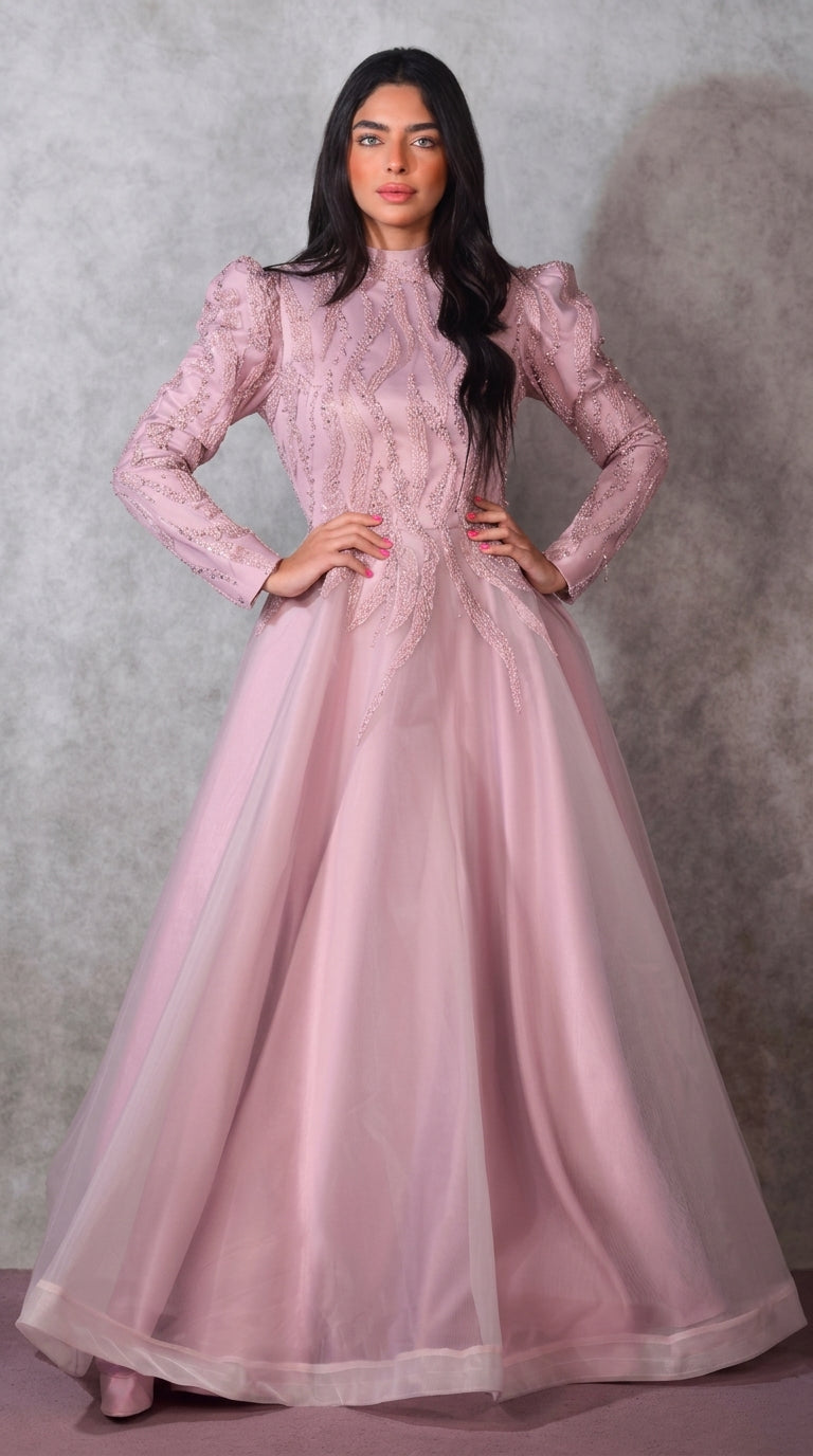 Blush Pink Beaded Ballgown with Structured Puff Sleeves