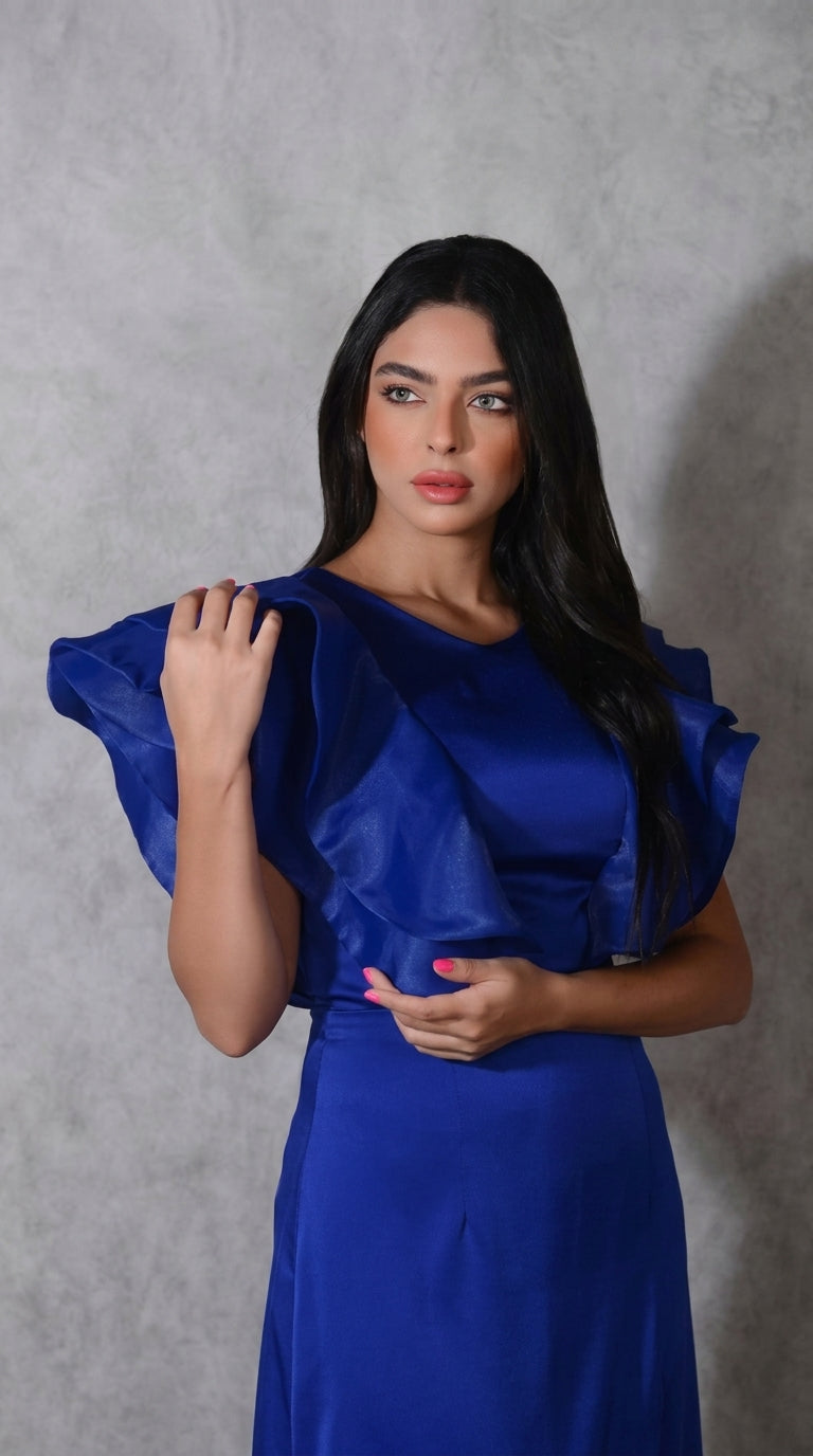 Royal Blue Satin Mermaid Gown with Ruffled Off-Shoulder Neckline