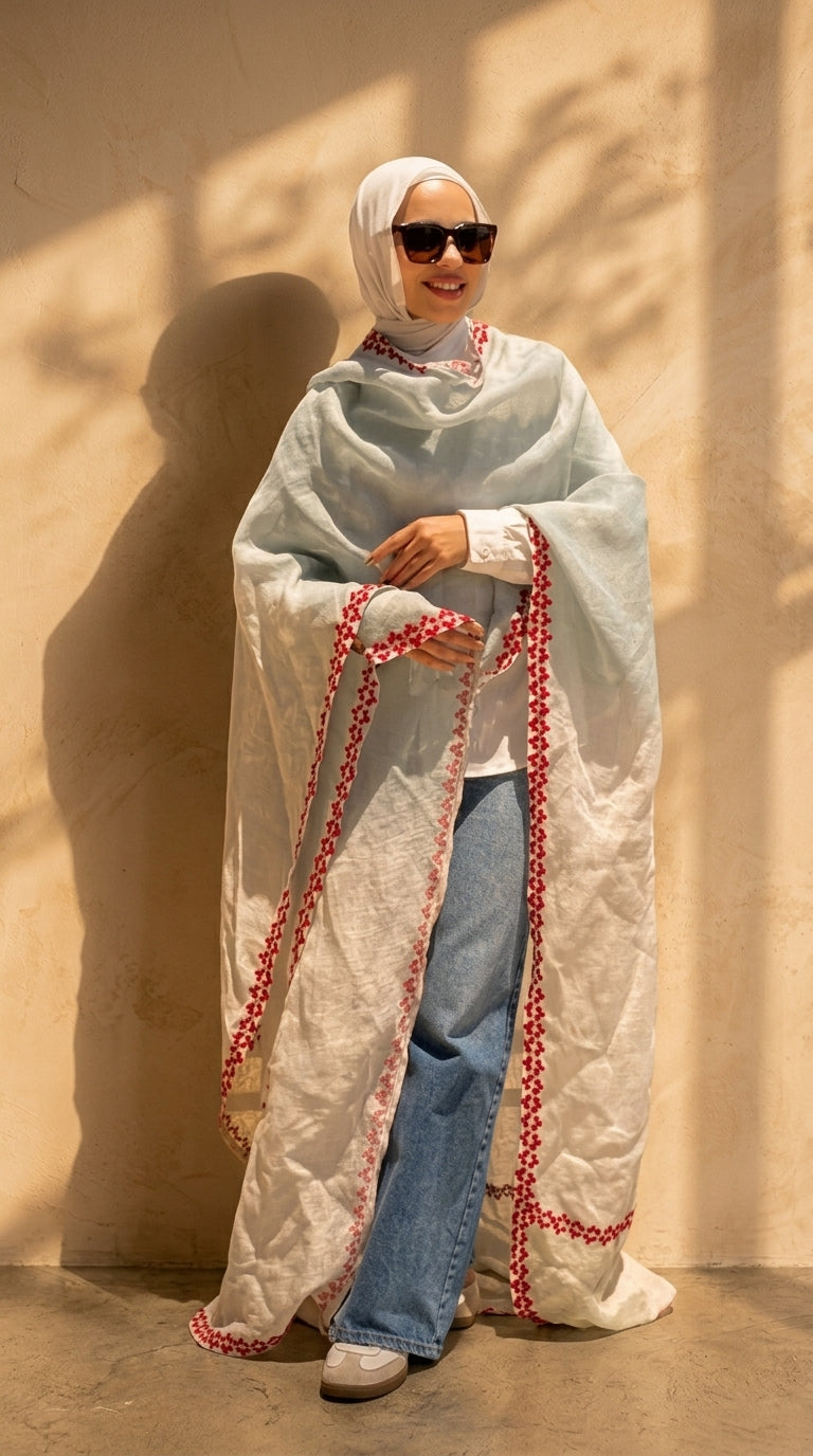 The Coastal Wave Linen Cape: Sky & Crimson