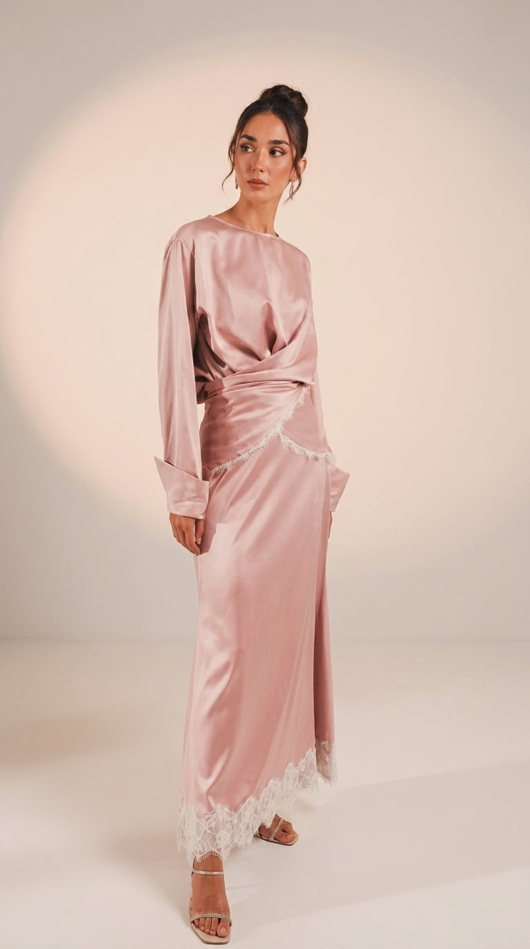 Satin Ruched Twist-Front Midi Dress Set