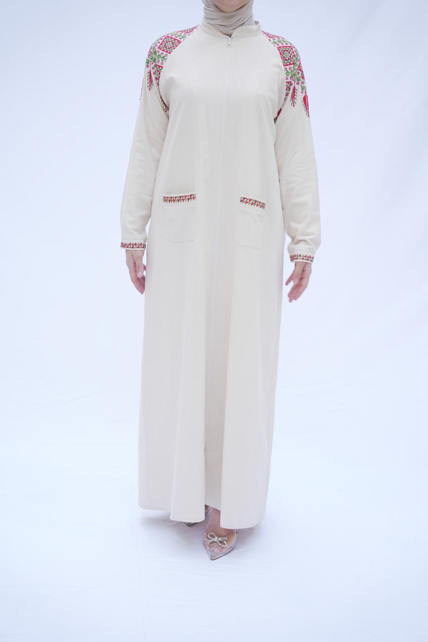 Cream Heritage Hand-Embroidered Linen Abaya