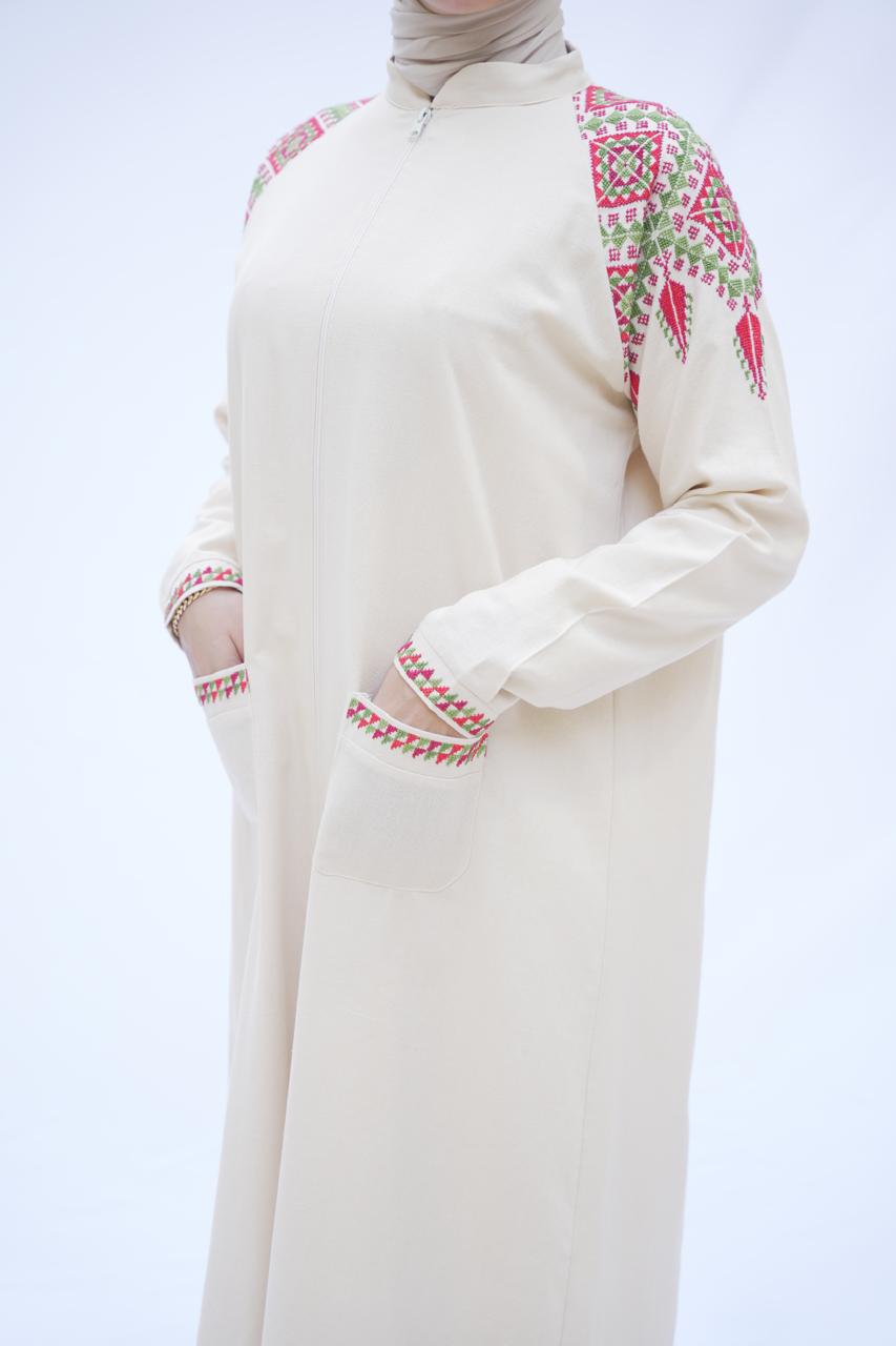Cream Heritage Hand-Embroidered Linen Abaya