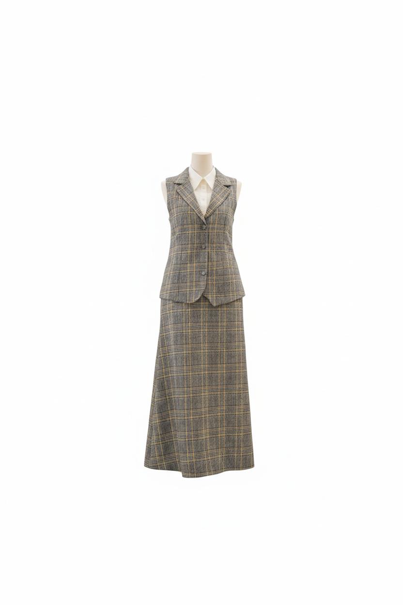 Plaid dress with vest on a mannequin against a white background
