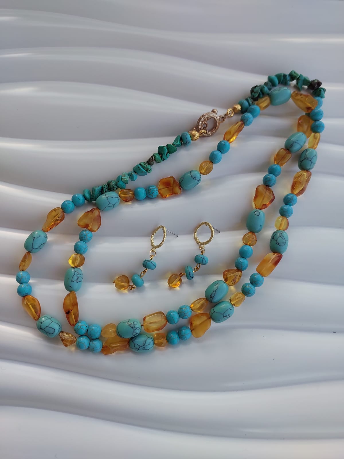Handmade Turquoise & Amber Pearl Necklace and Earrings Set