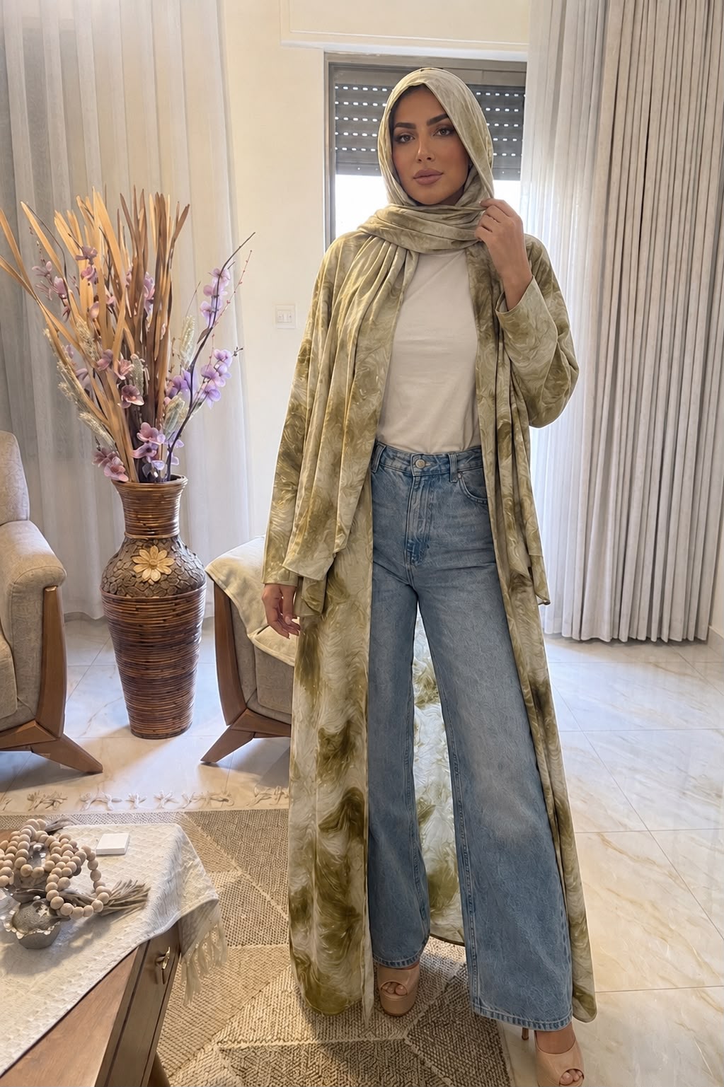 Open Abaya with Matching Hooded Shawl – olive