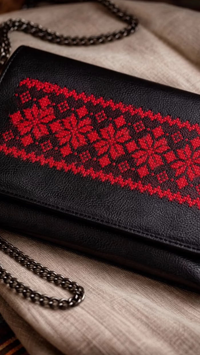 Black leather clutch bag with a red embroidered snowflake pattern and a dark metal chain strap, resting on a beige fabric surface.