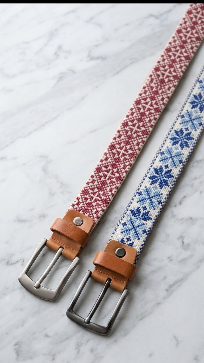 Two woven belts with silver-toned metal buckles, displayed on a white marble surface. One belt has a red and white Nordic pattern, and the other has a blue and white Nordic pattern, both with tan leather loops.
