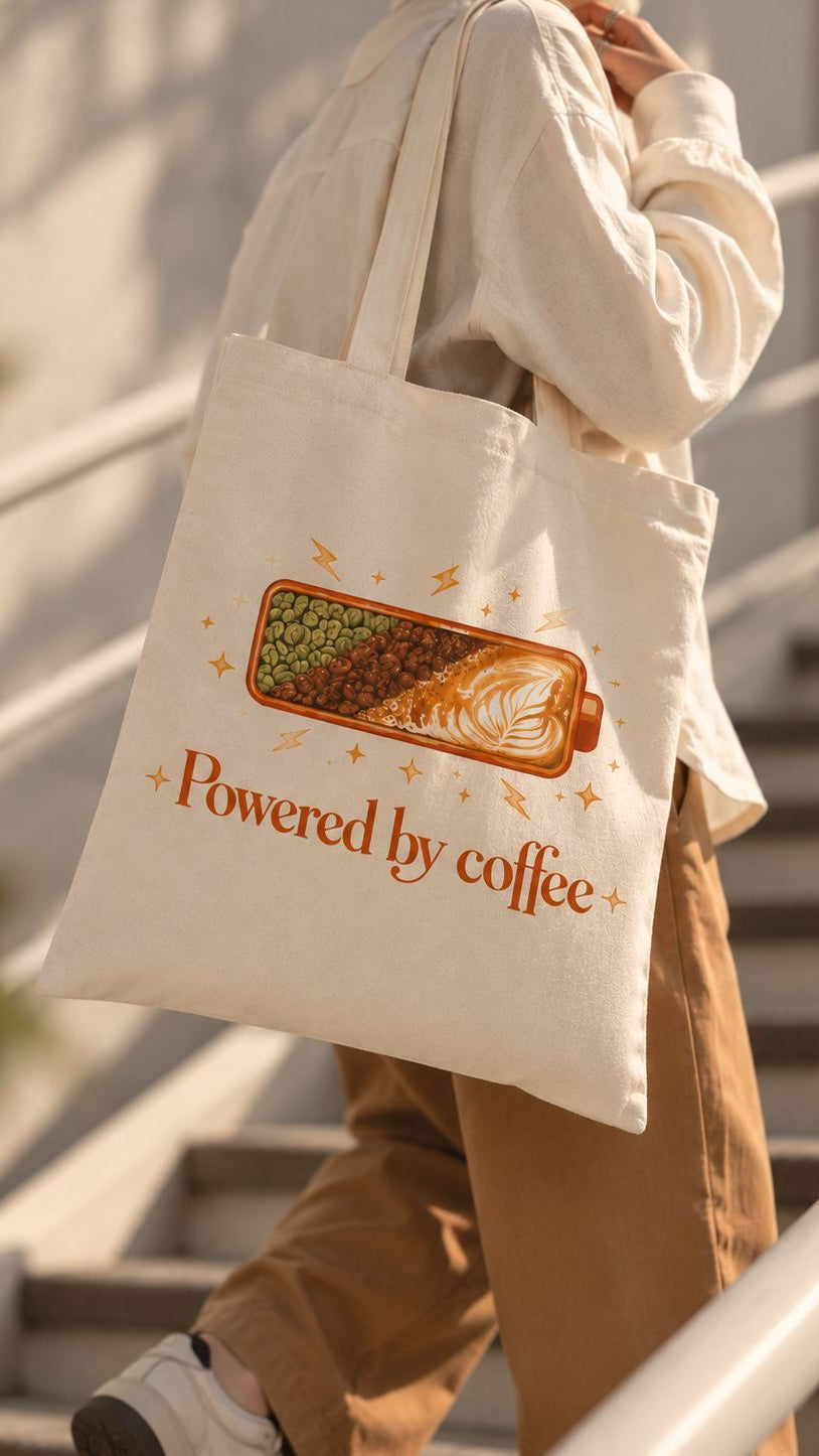 A person carrying a cream canvas tote bag with a coffee-themed graphic and the text 'Powered by coffee' while walking up outdoor concrete stairs.