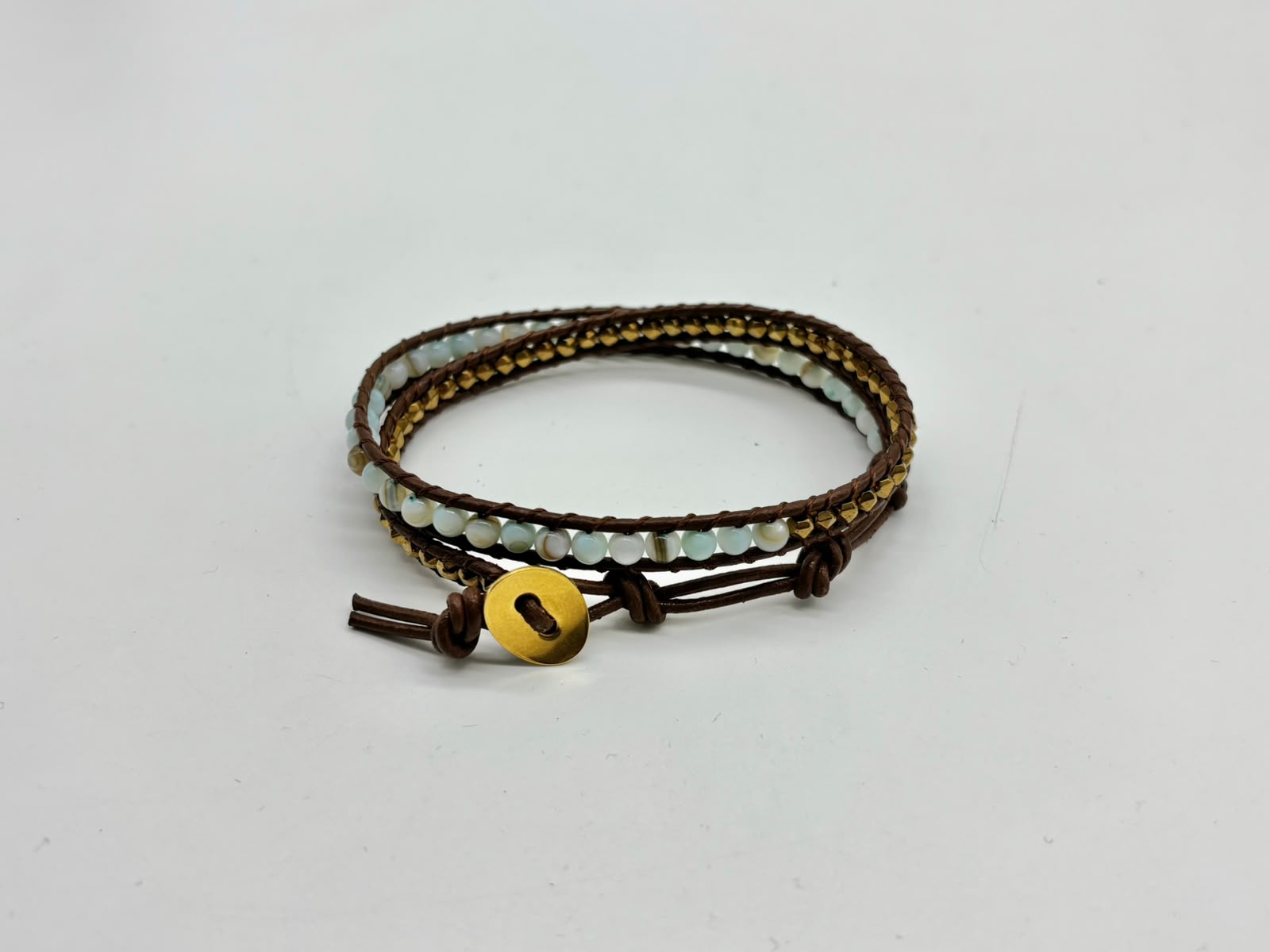 Women’s 2-Strand Leather Wrap Bracelet with Mother of Pearl and Hematite Beads