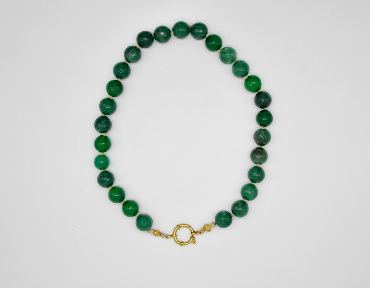 Women’s Knotted Necklace with Natural Green Stone Beads & Lapis Lazuli Pendant