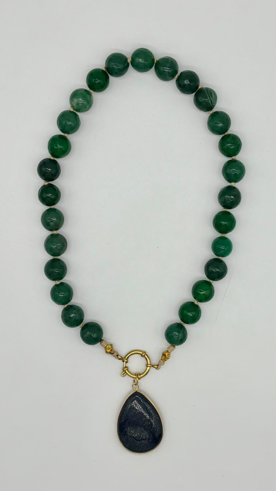 Women’s Knotted Necklace with Natural Green Stone Beads & Lapis Lazuli Pendant