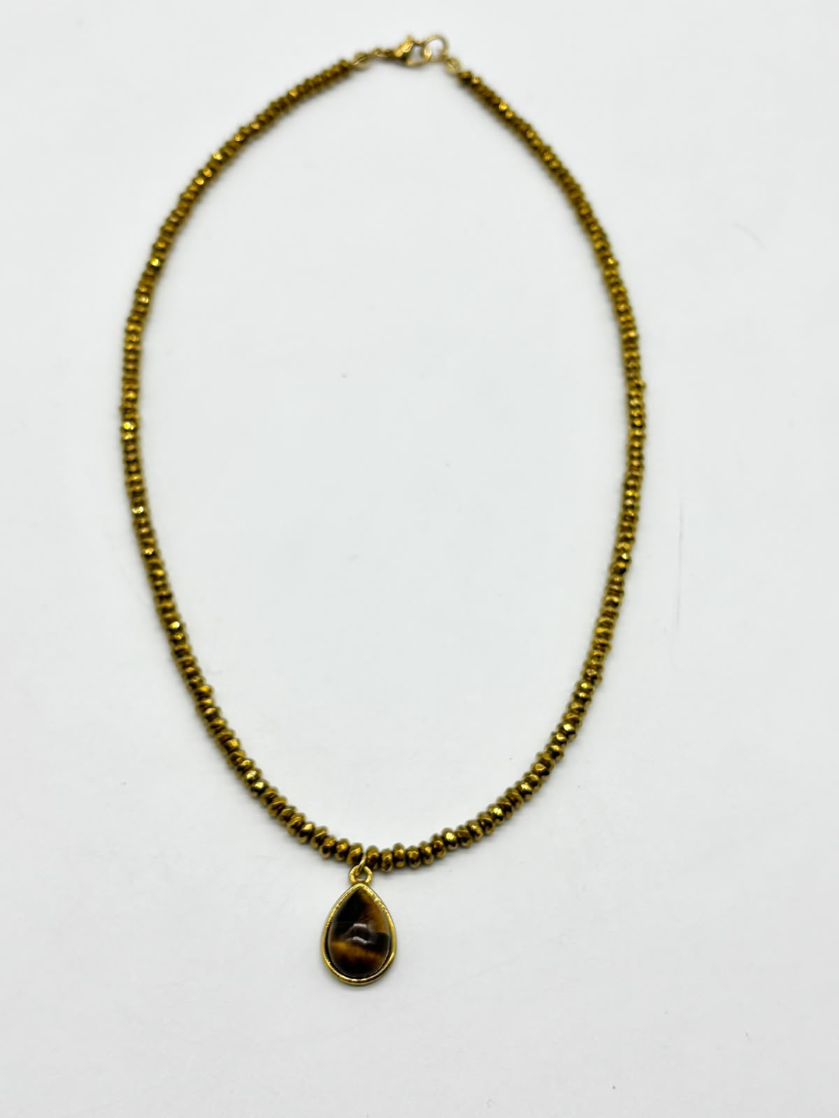 Women's Hematite Beaded Necklace with Tiger Eye Pendant