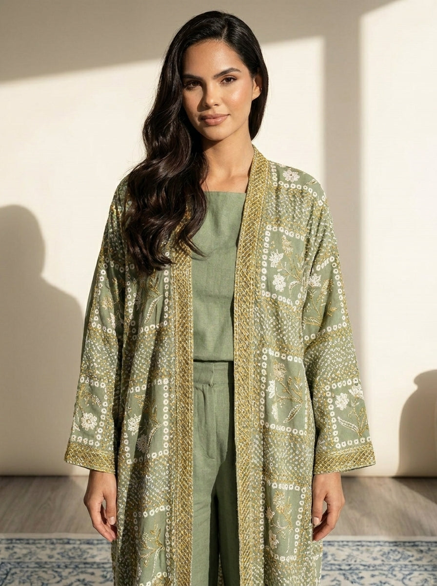 Sage Green Floral Embroidered Kimono