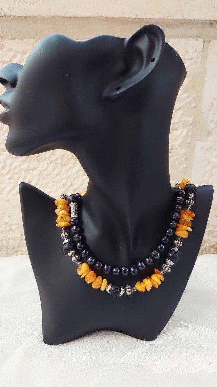 Long Amber & Black Pearl Necklace