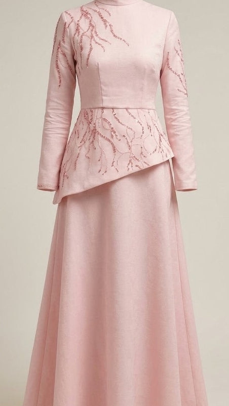 Soft Pink High-Neck Evening Dress