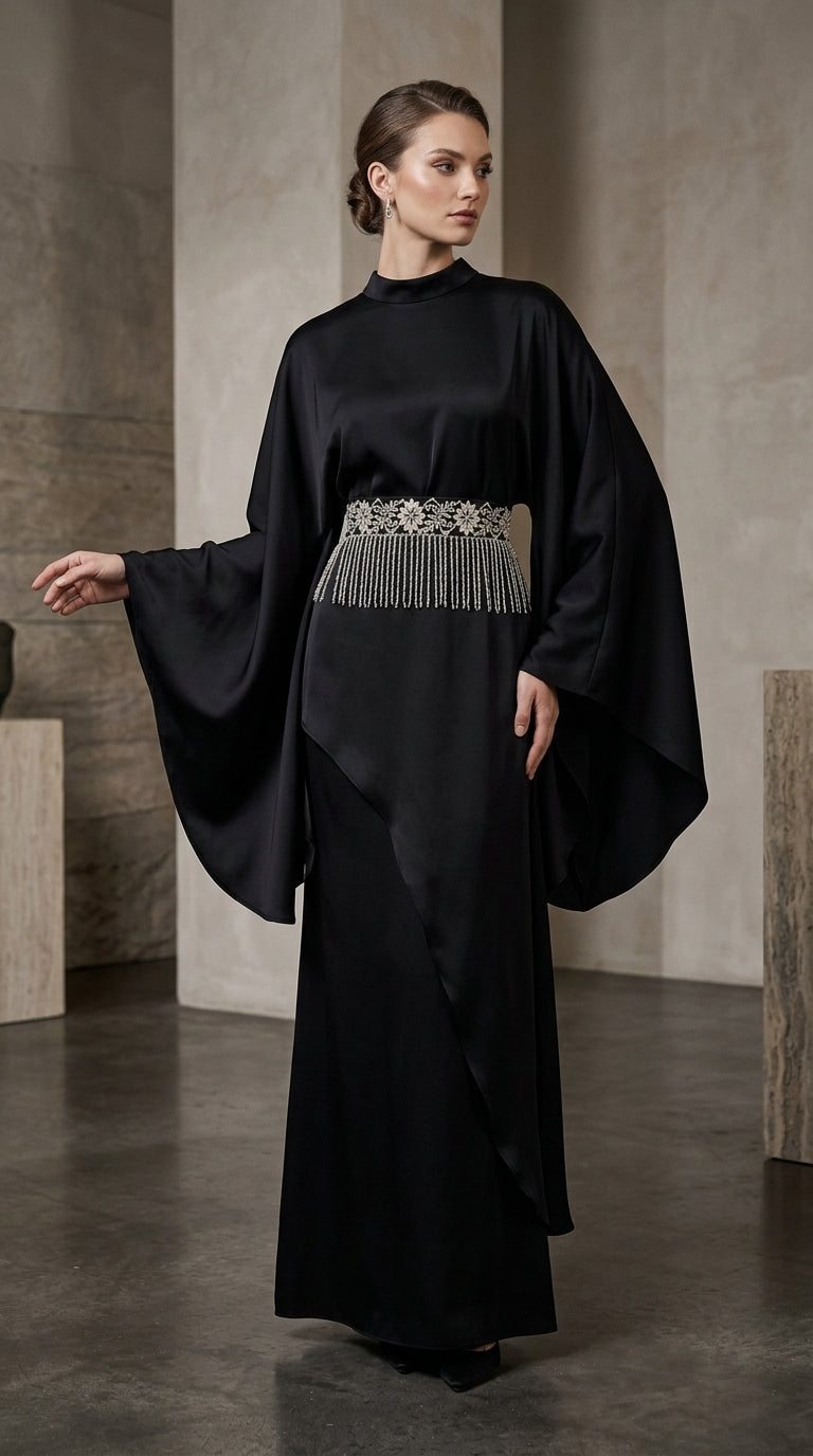 Black Draped Kimono-Sleeve Evening Dress