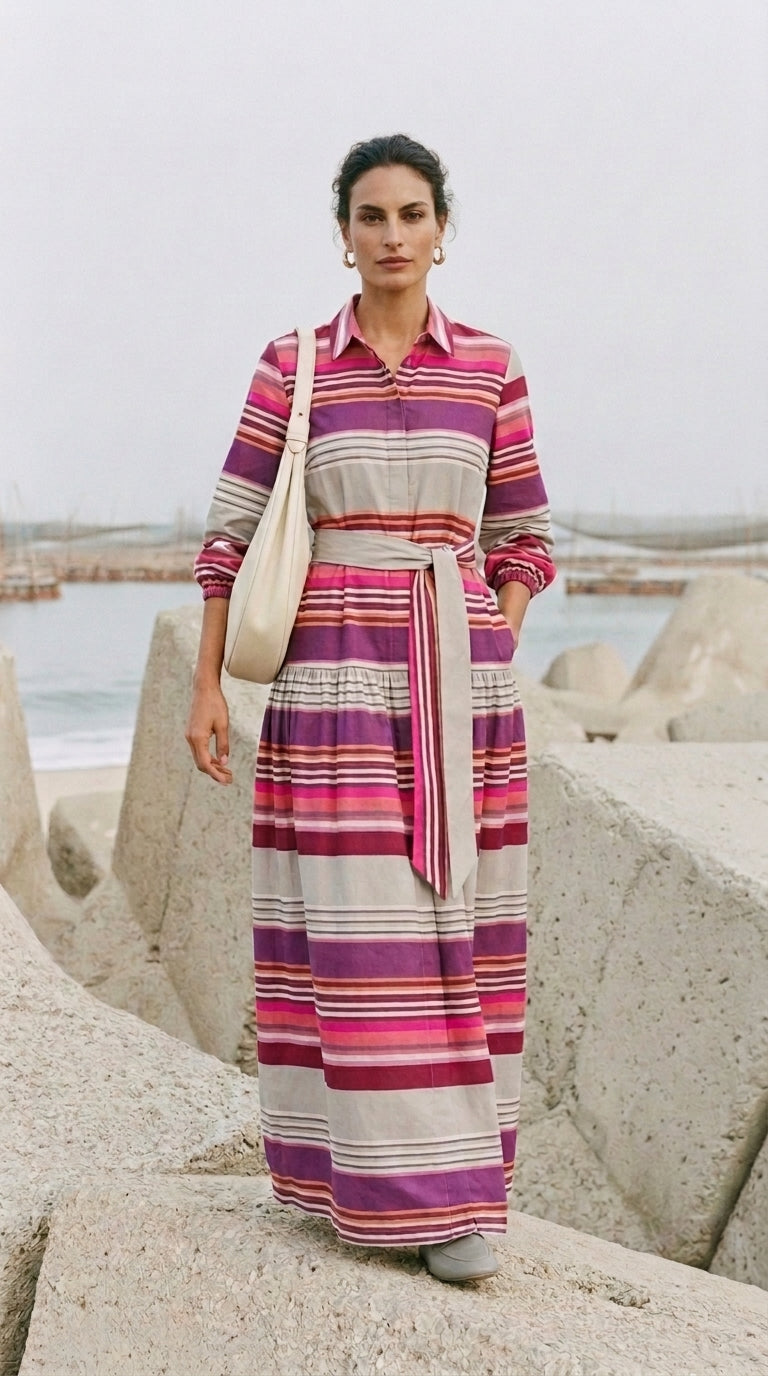 Elegant Striped Maxi Shirt Dress with Waist Tie