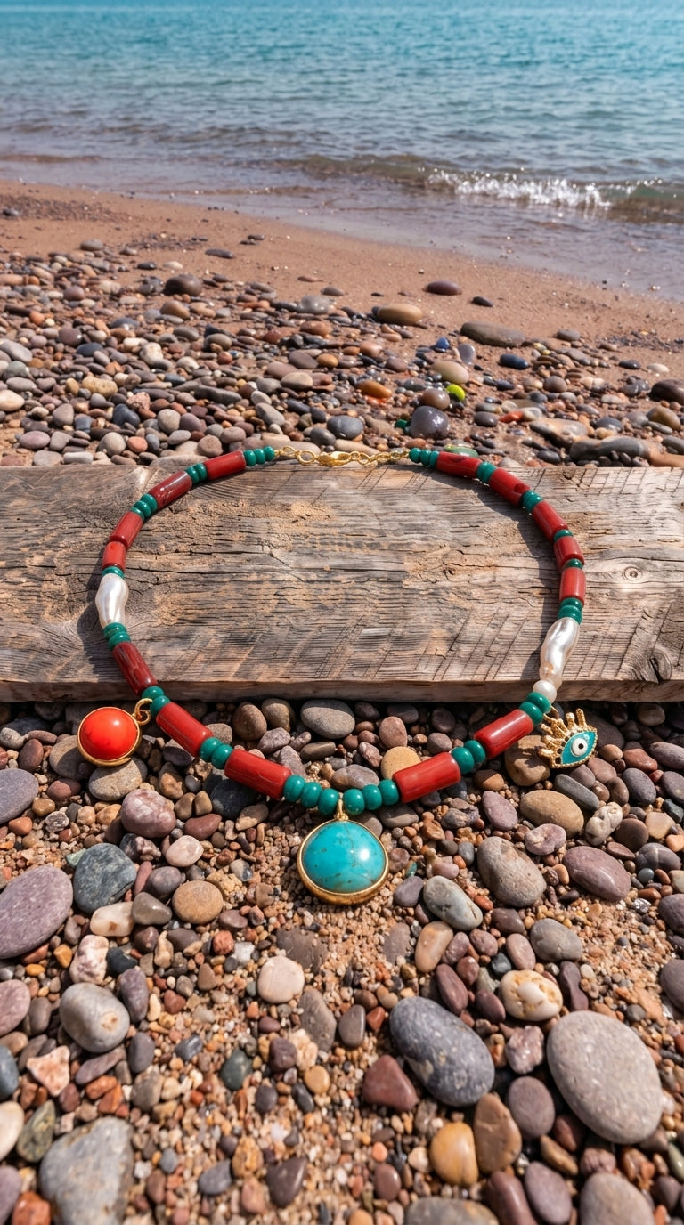 Red Coral, Malachite, Pearl & Turquoise Statement Necklace – Murjan Collection