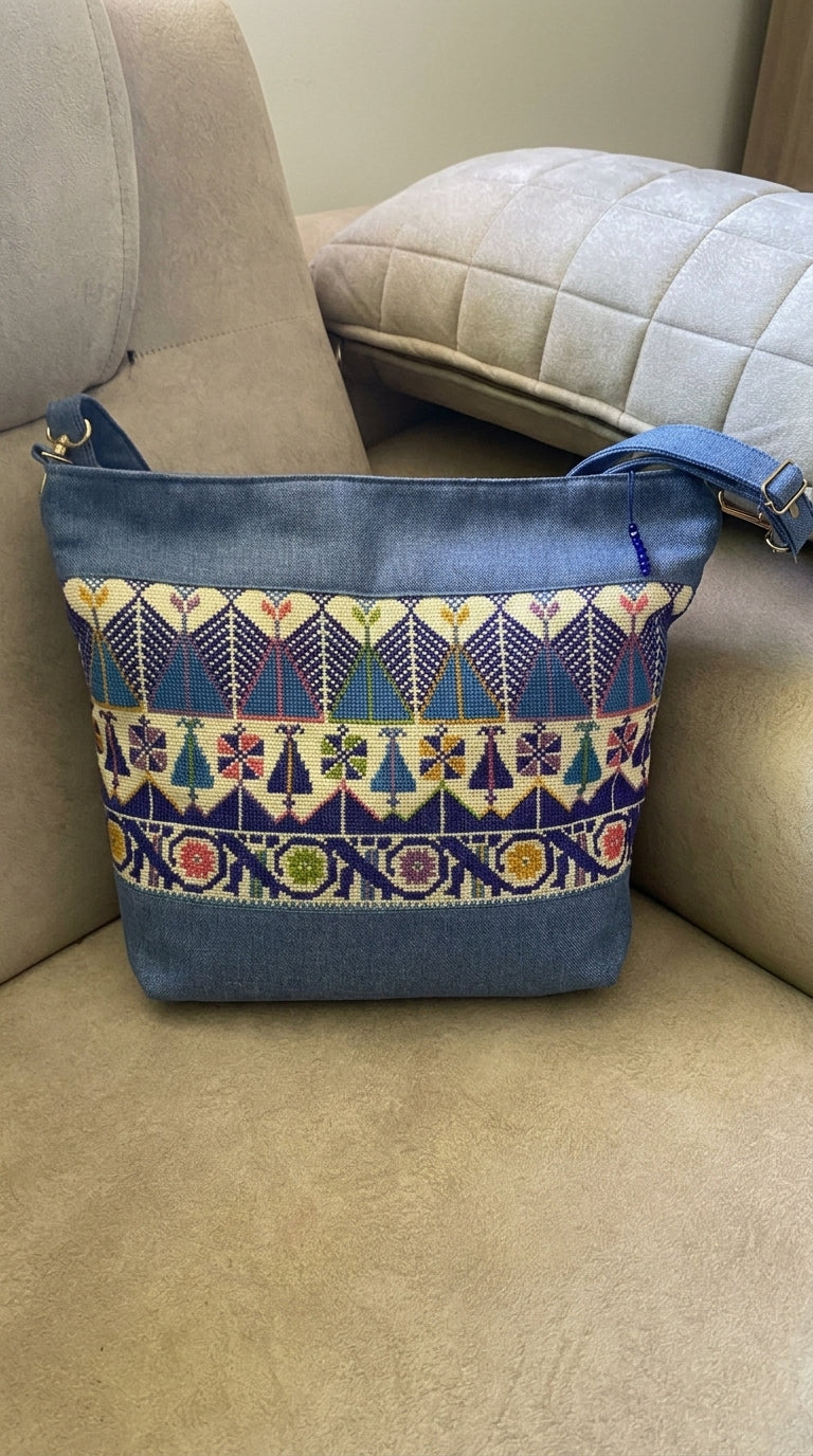 Indigo Denim Hand-Embroidered Crossbody Bag