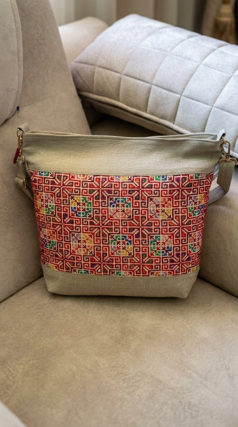 Beige Red Floral Hand-Embroidered Crossbody Bag