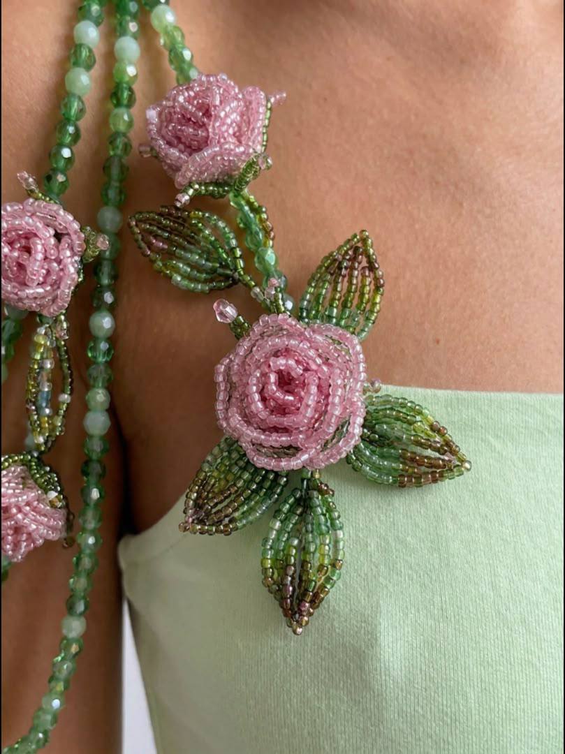 Hand Crafted Rose Straps Top — detail of the beaded rose straps