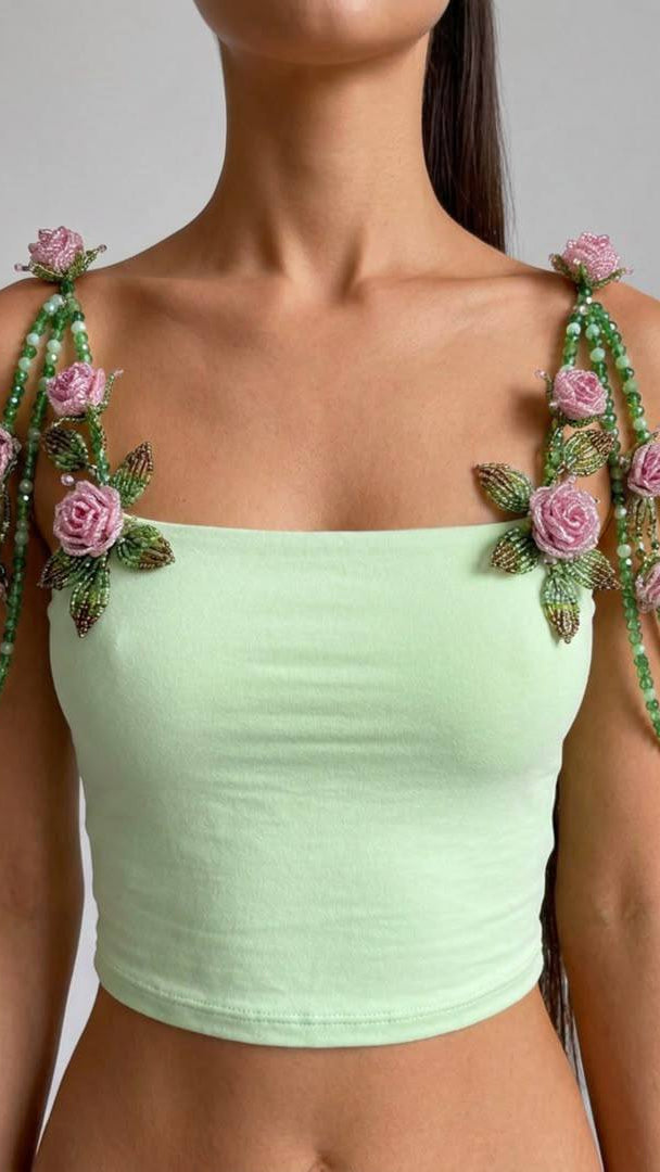 Hand Crafted Rose Straps Top — detail of the beaded rose straps