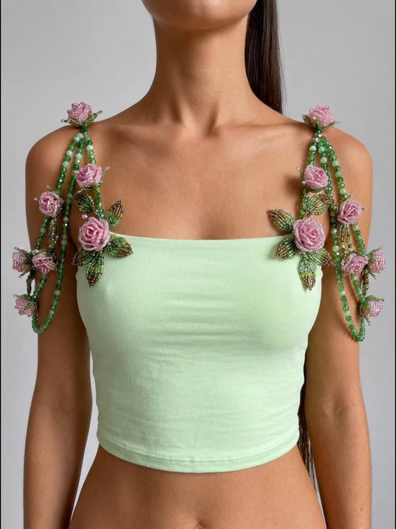 Hand Crafted Rose Straps Top in Green