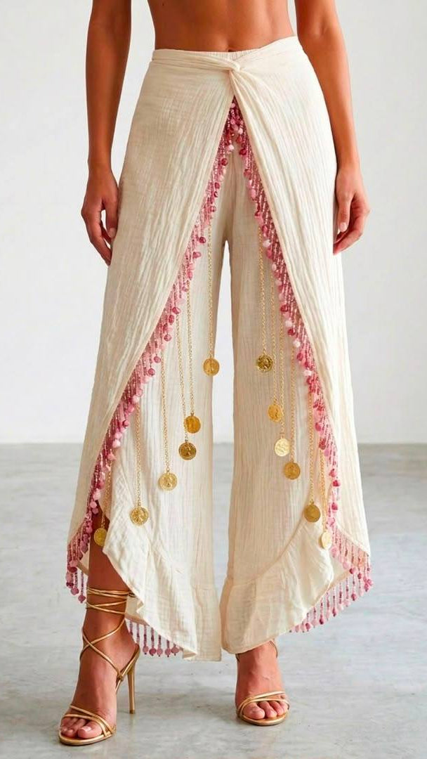 Gauze Wrap Trousers with Beaded Trim and Gold Coin Chains in White
