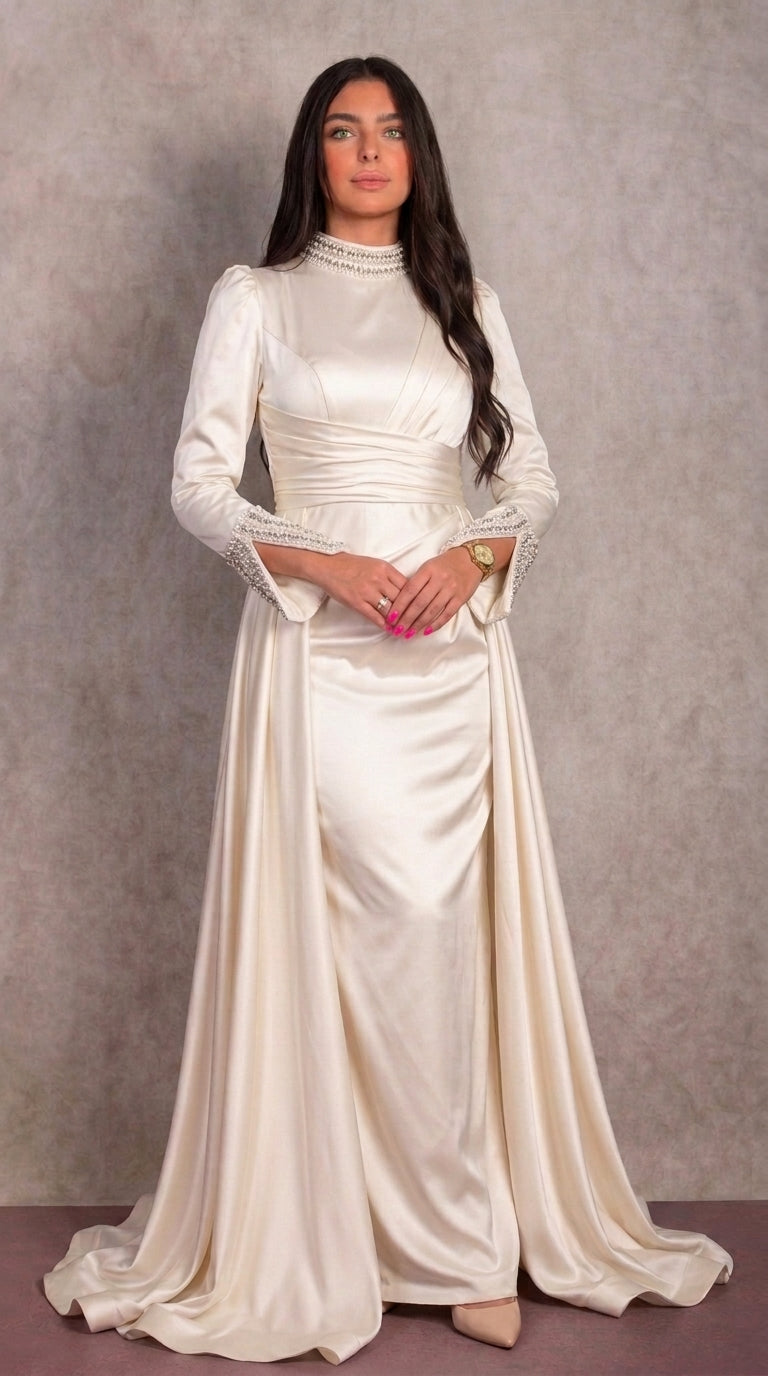 Ivory Satin Bridal Gown with Pearl-Beaded Collar and Cuffs
