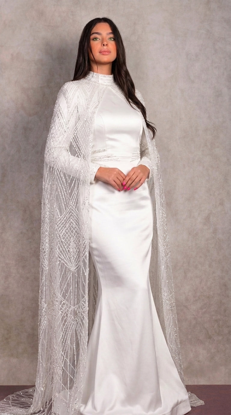 Ivory Satin Bridal Gown with Beaded Diamond Cape Sleeves