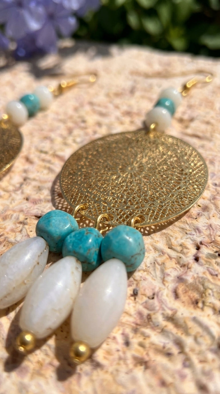Gold Filigree Disc & Turquoise Fringe Earrings